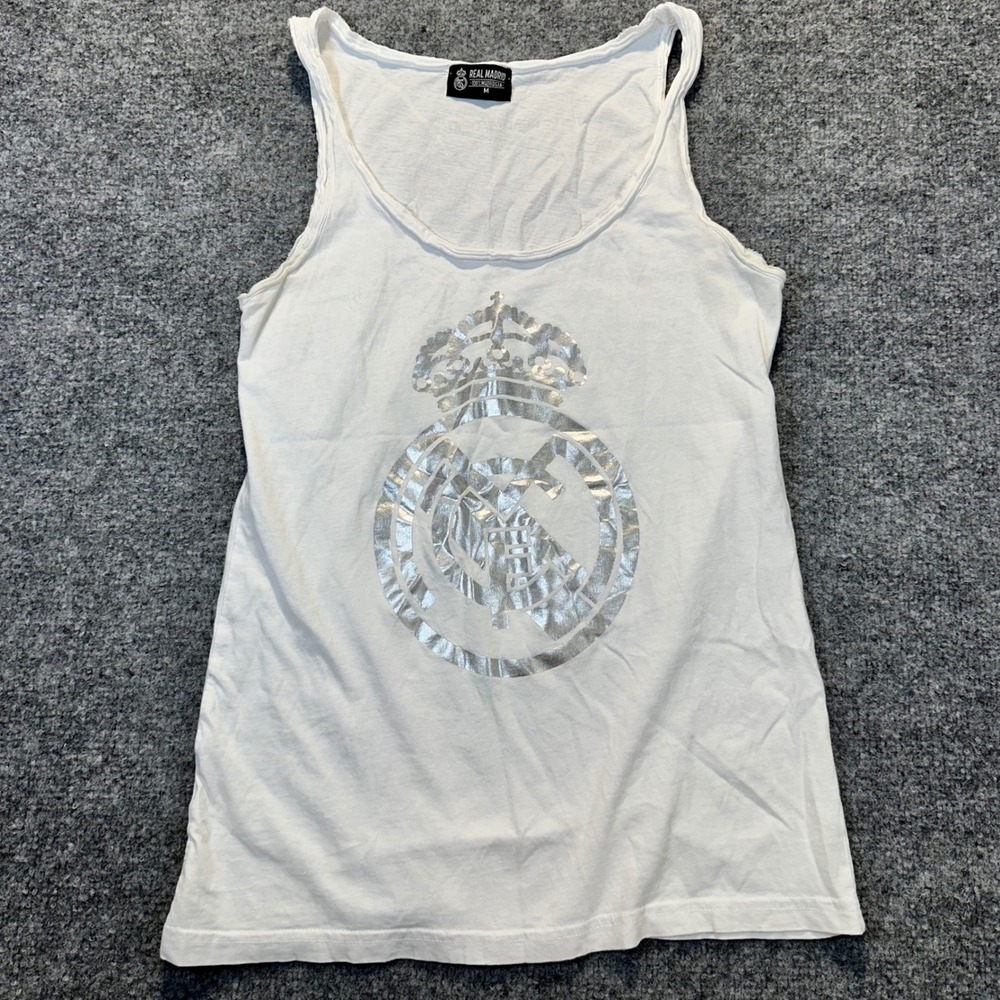 Real Madrid Tank Top Women Size M White Silver Foil Graphic Sporty Soccer Y2K
